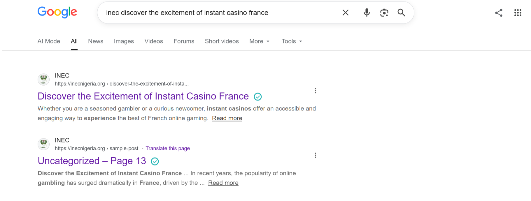 Google search showing compromised INEC website